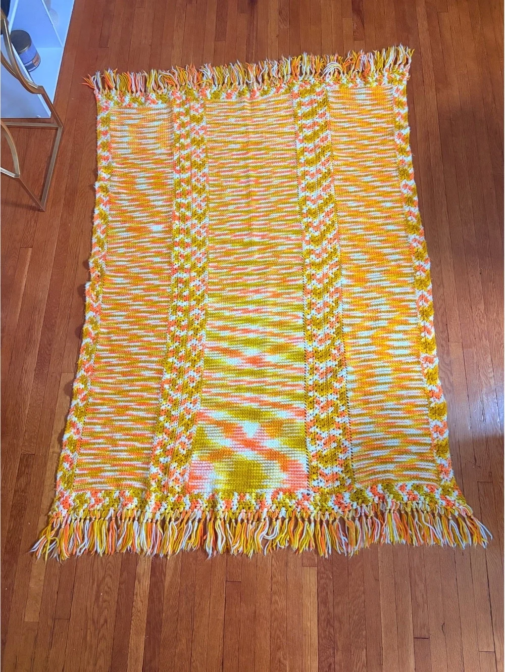 Handmade Crocheted Afghan Throw Blanket 45x65 Orange Mustard White Fringe Boho
